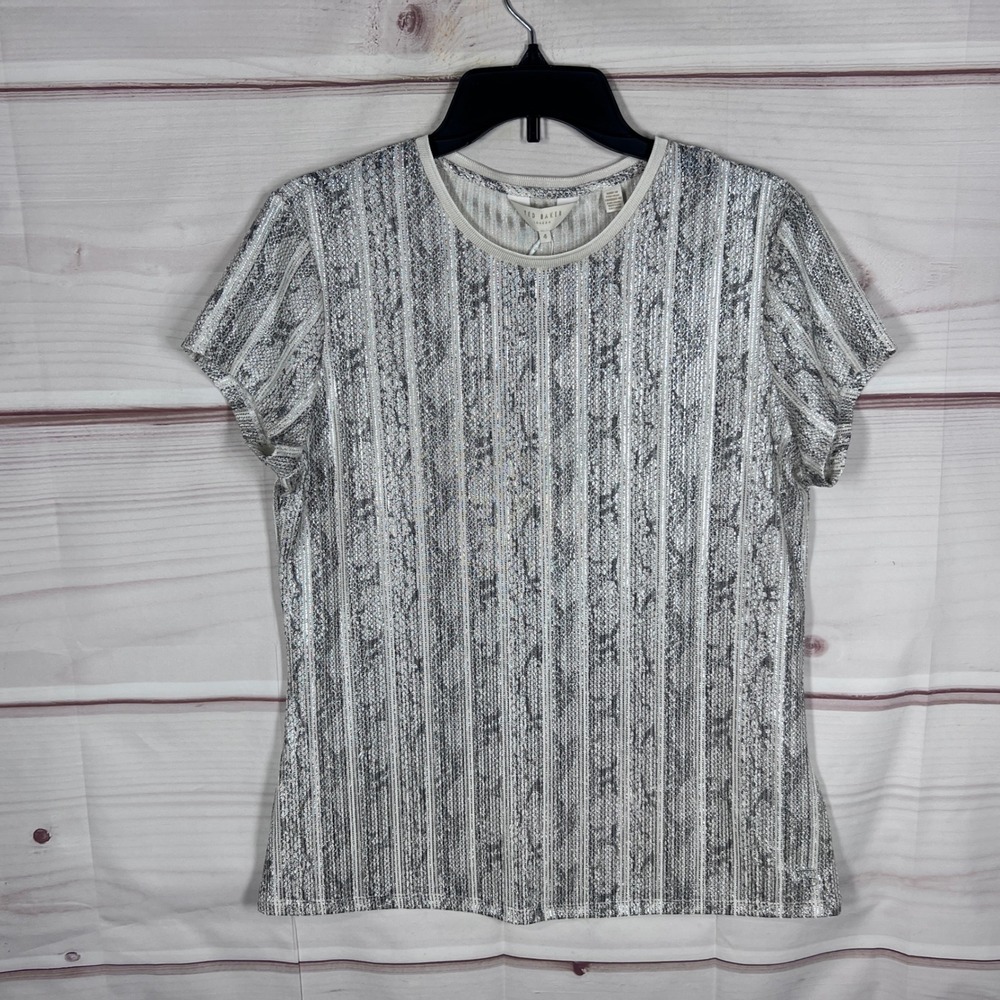 Ted Baker Top Womens 4 M Silver KEZIEE Metallic Snake Print Ribbed Knit T-Shirt